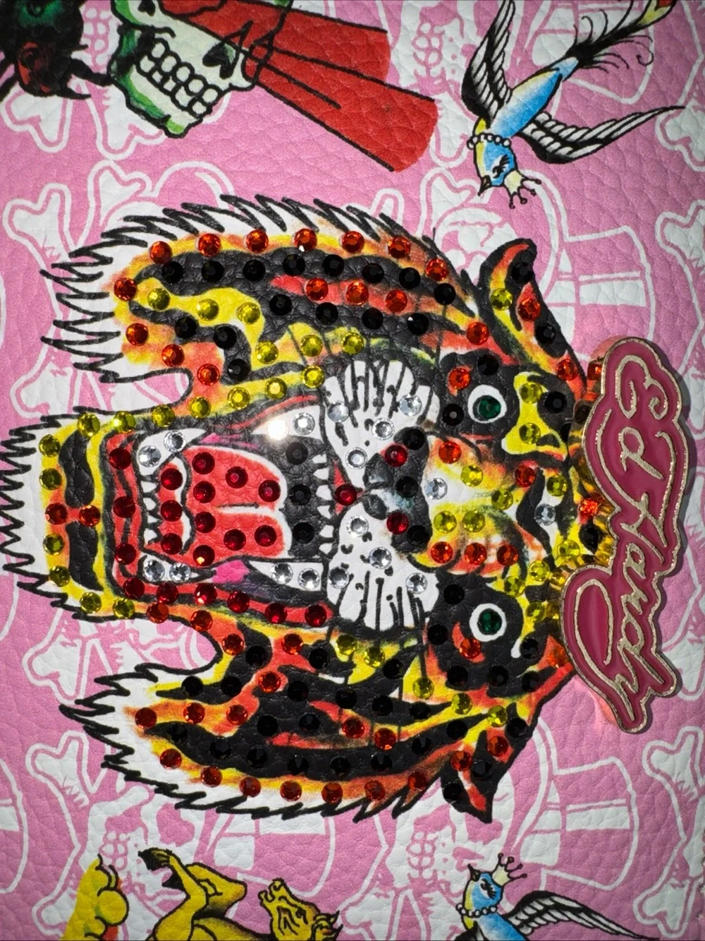Ed Hardy Pink Dual Compartment Wallet Double Zipper Wristlet Vegan Leather